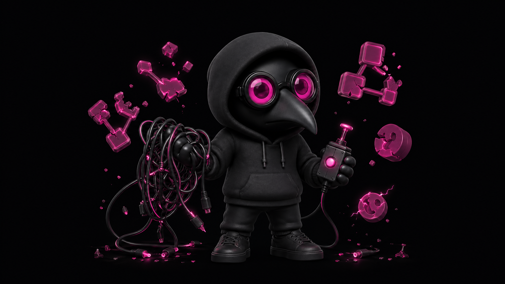 Figurine Plague Operator noire aux lunettes magenta tenant des câbles de workflow automatisé sur fond noir