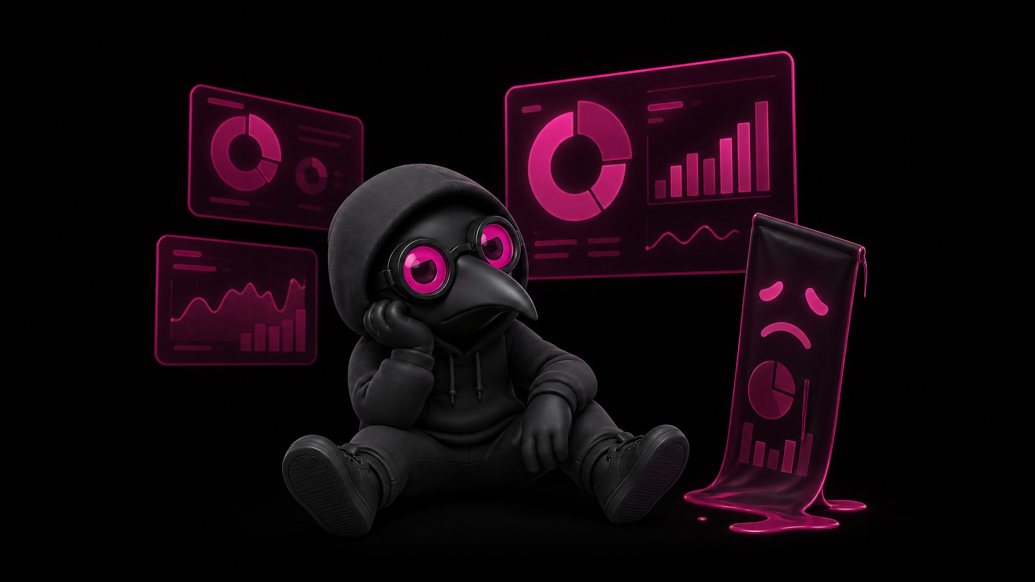 Figurine Plague Operator noire aux lunettes magenta assise devant des panneaux de dashboard abstraits magenta