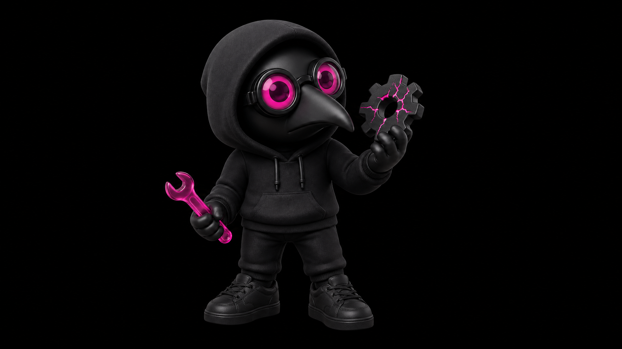 Figurine Plague Operator noire aux lunettes magenta inspectant un engrenage noir fissuré de lumière magenta