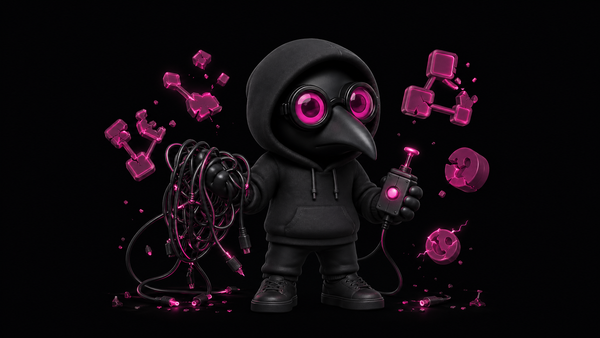 Figurine Plague Operator noire aux lunettes magenta tenant des câbles de workflow automatisé sur fond noir