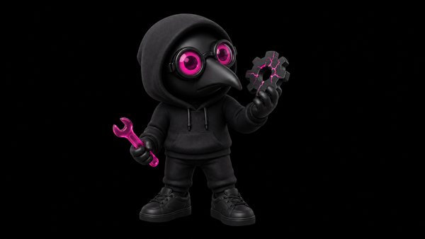 Figurine Plague Operator noire aux lunettes magenta inspectant un engrenage noir fissuré de lumière magenta